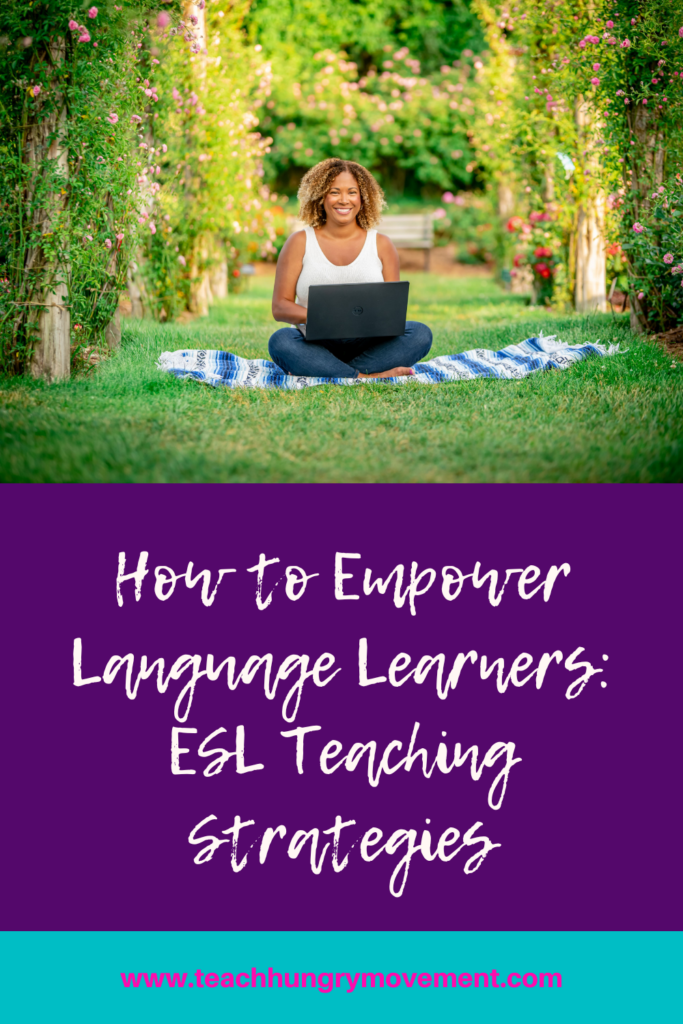 How to Empower Language Learners: ESL Teaching Strategies. Woman smiling at camera, sitting on a blue blanket with a black laptop in her lap.